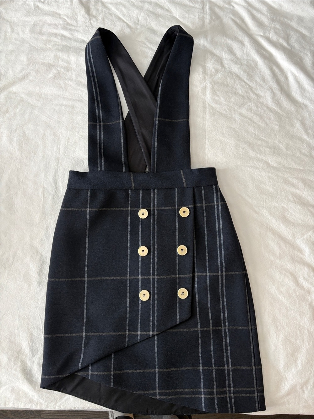 Maje Plaid Suspender Skirt with Button Front